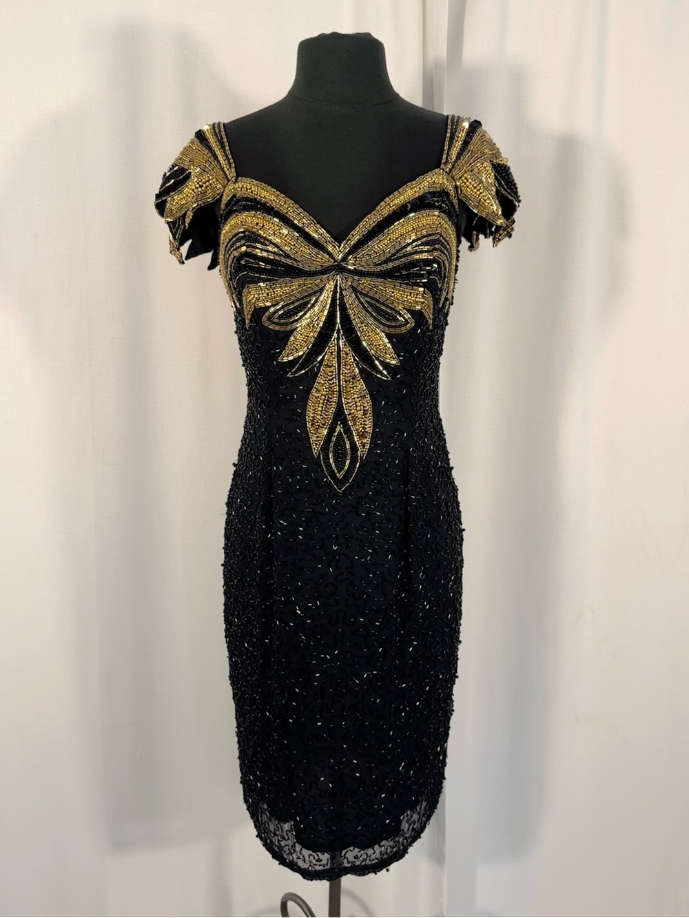 Vintage 80s Black Tie Gold Beaded Silk Dress